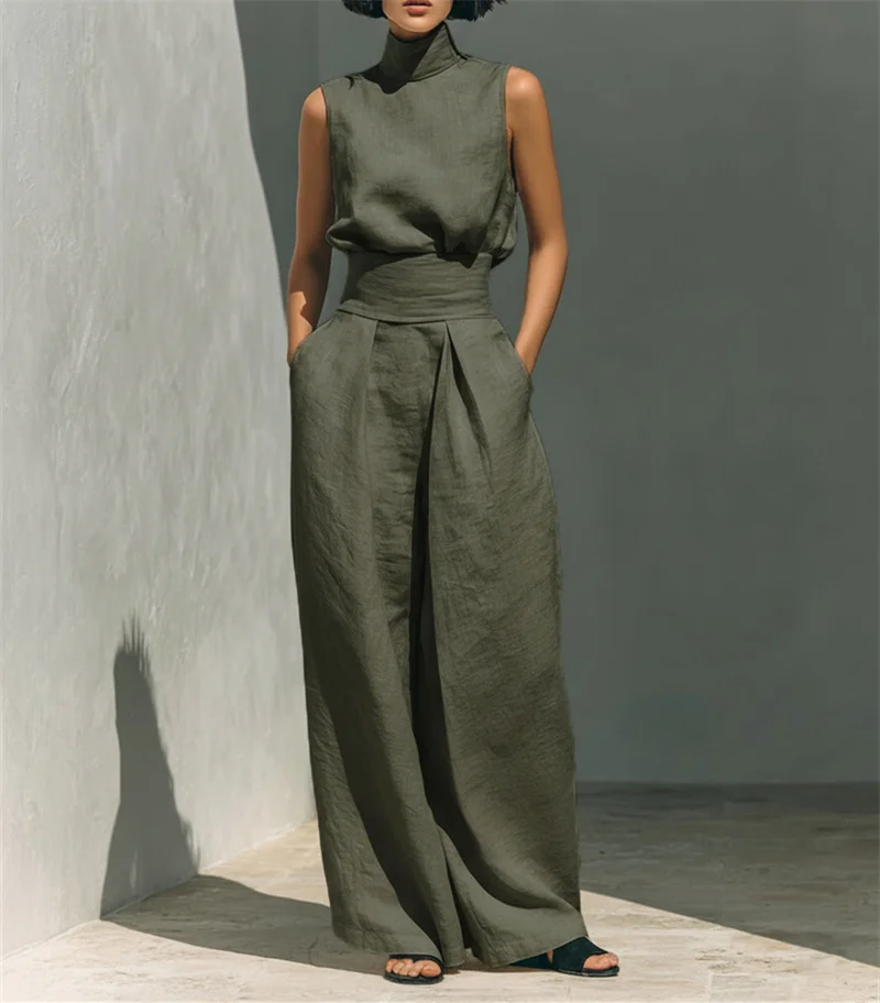 Women Summer Fashion Casual Loose Solid Suit Cotton Linen Set Sleeveless Tops Wide Leg Pants Office Ladies 2 Piece Sets 2026
