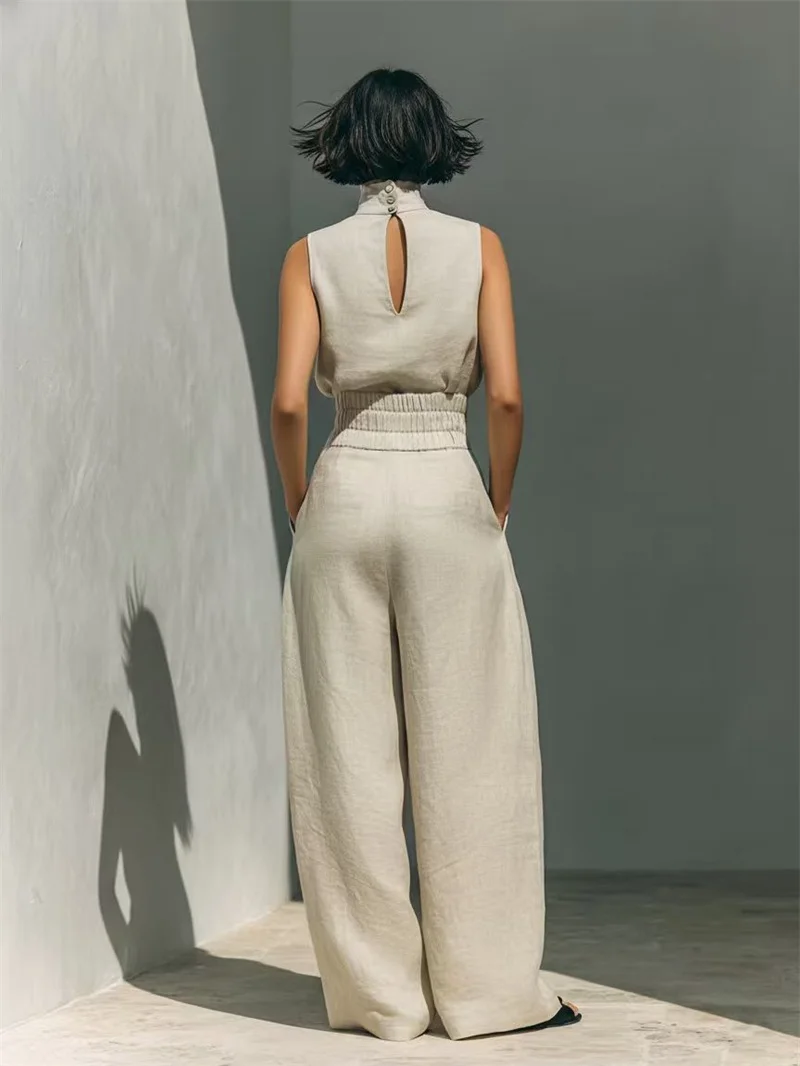 Women Summer Fashion Casual Loose Solid Suit Cotton Linen Set Sleeveless Tops Wide Leg Pants Office Ladies 2 Piece Sets 2026