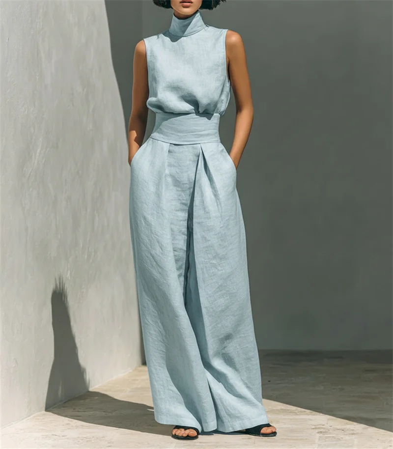 Women Summer Fashion Casual Loose Solid Suit Cotton Linen Set Sleeveless Tops Wide Leg Pants Office Ladies 2 Piece Sets 2026