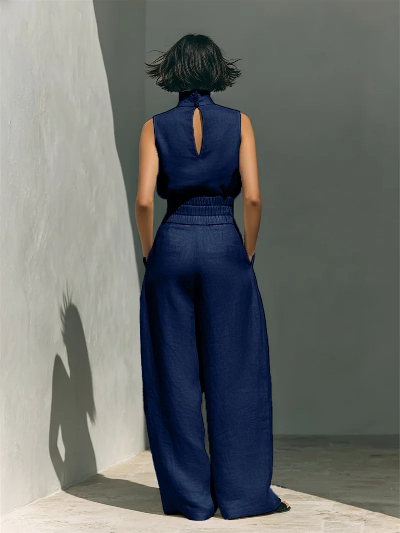 Women Summer Fashion Casual Loose Solid Suit Cotton Linen Set Sleeveless Tops Wide Leg Pants Office Ladies 2 Piece Sets 2026