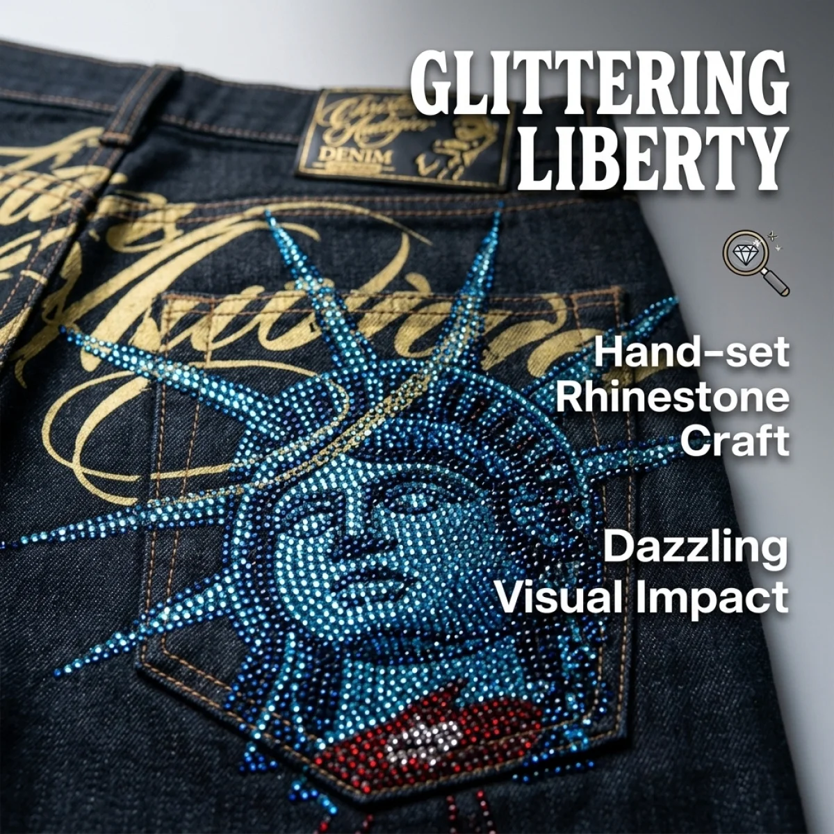 Y2k Statue of liberty Diamonds Jeans Casual Denim Pants High Waist Straight Wide Leg Jeans Harajuku Vintage 2000s Women Clothing