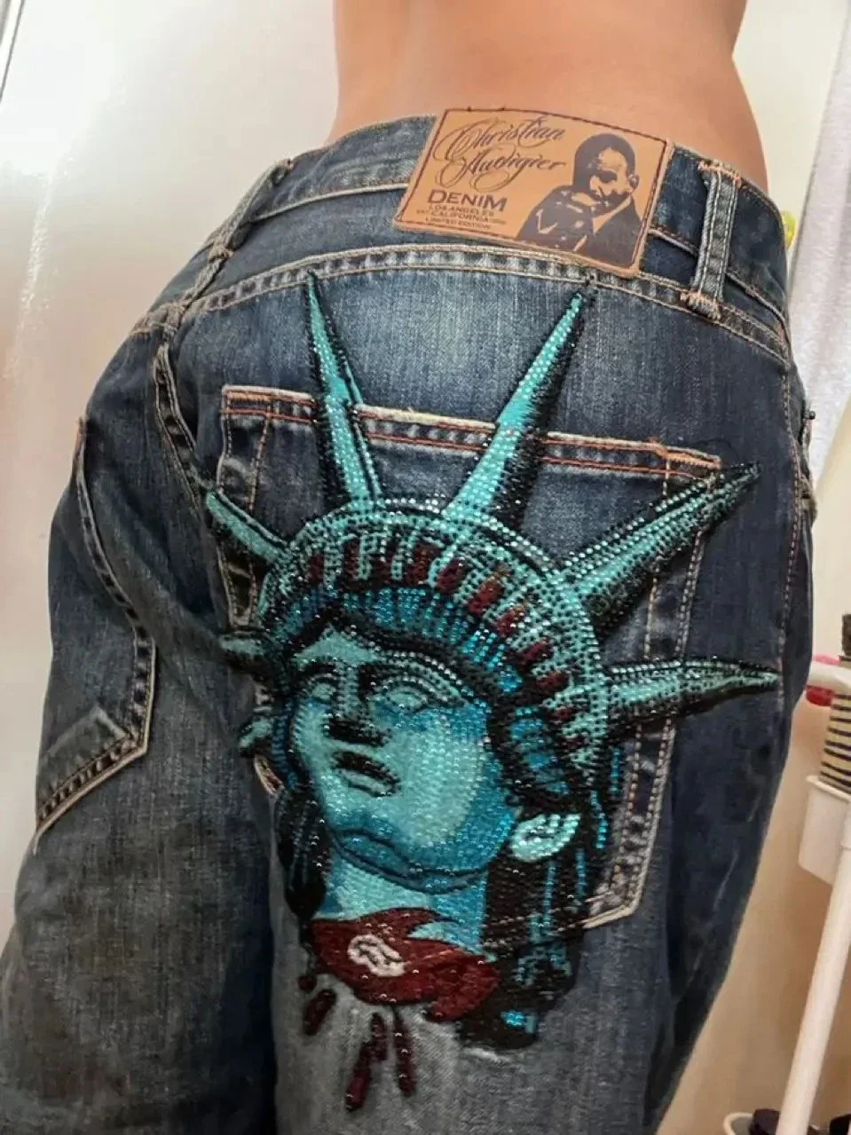 Y2k Statue of liberty Diamonds Jeans Casual Denim Pants High Waist Straight Wide Leg Jeans Harajuku Vintage 2000s Women Clothing