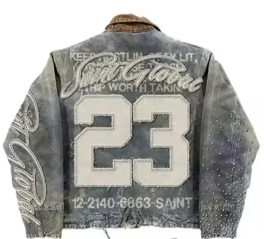 American Vintage Denim Jacket Y2K Clothes Men Women Hip Hop Letter Patchwork Embroidery Rhinestones Oversized Jacket Casual Coat
