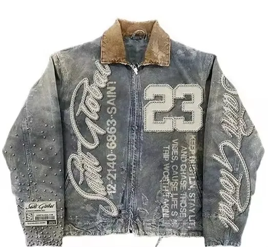 American Vintage Denim Jacket Y2K Clothes Men Women Hip Hop Letter Patchwork Embroidery Rhinestones Oversized Jacket Casual Coat