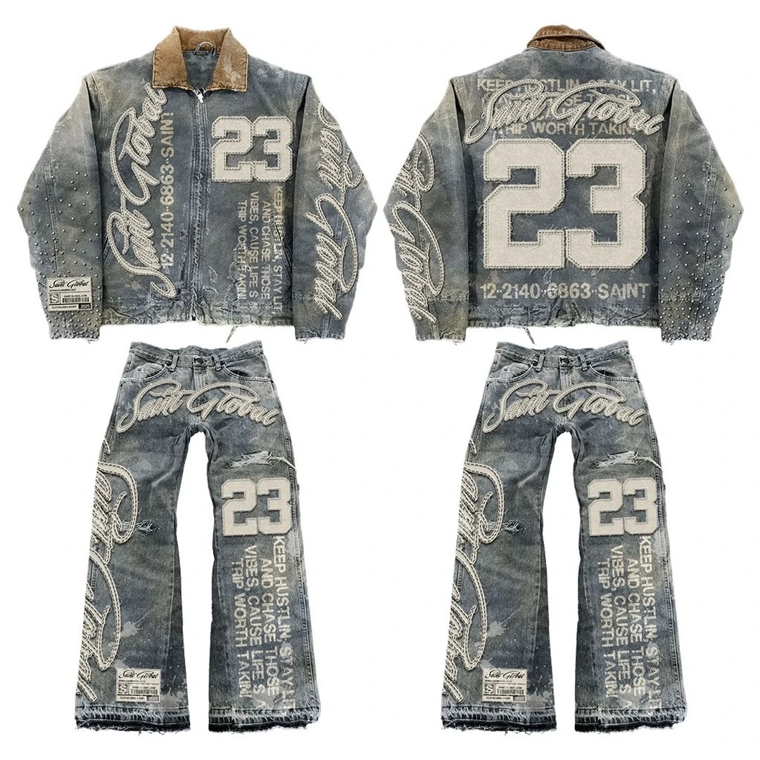 American Vintage Denim Jacket Y2K Clothes Men Women Hip Hop Letter Patchwork Embroidery Rhinestones Oversized Jacket Casual Coat