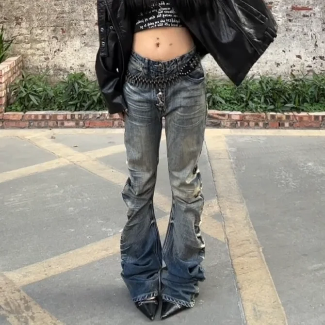 Grunge Plus Size Women Jeans Streetwear Harajuku Washed Stacked Curved Bootcut Y2K Aesthetic Baggy Denim Pants Mujer Pantalones