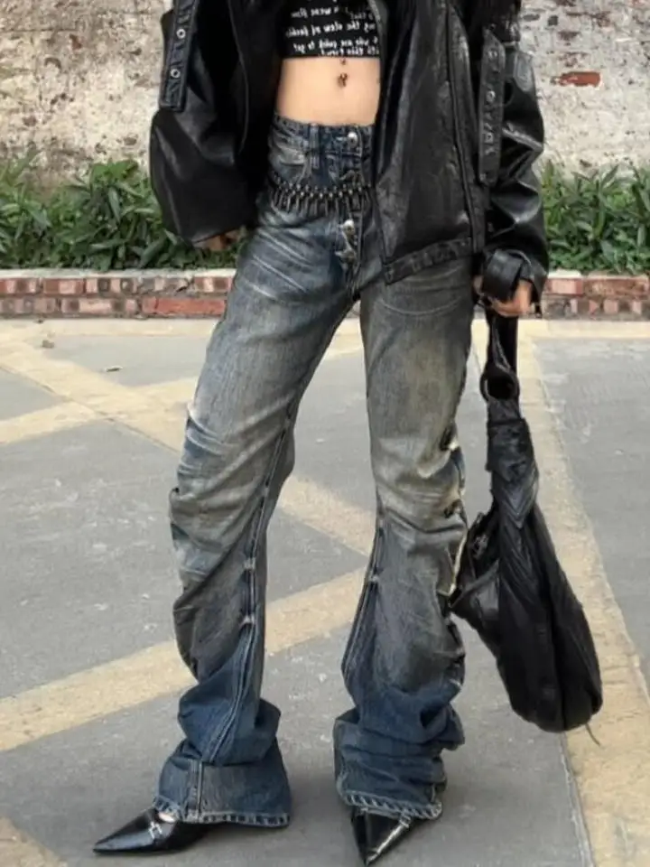 Grunge Plus Size Women Jeans Streetwear Harajuku Washed Stacked Curved Bootcut Y2K Aesthetic Baggy Denim Pants Mujer Pantalones