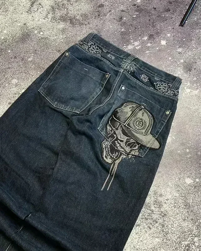 Y2K American New Trend Hip-hop Gothic Embroidered Jeans Men's Street Harajuku Leisure Loose Straight Wide-leg Pants Unisex Jeans