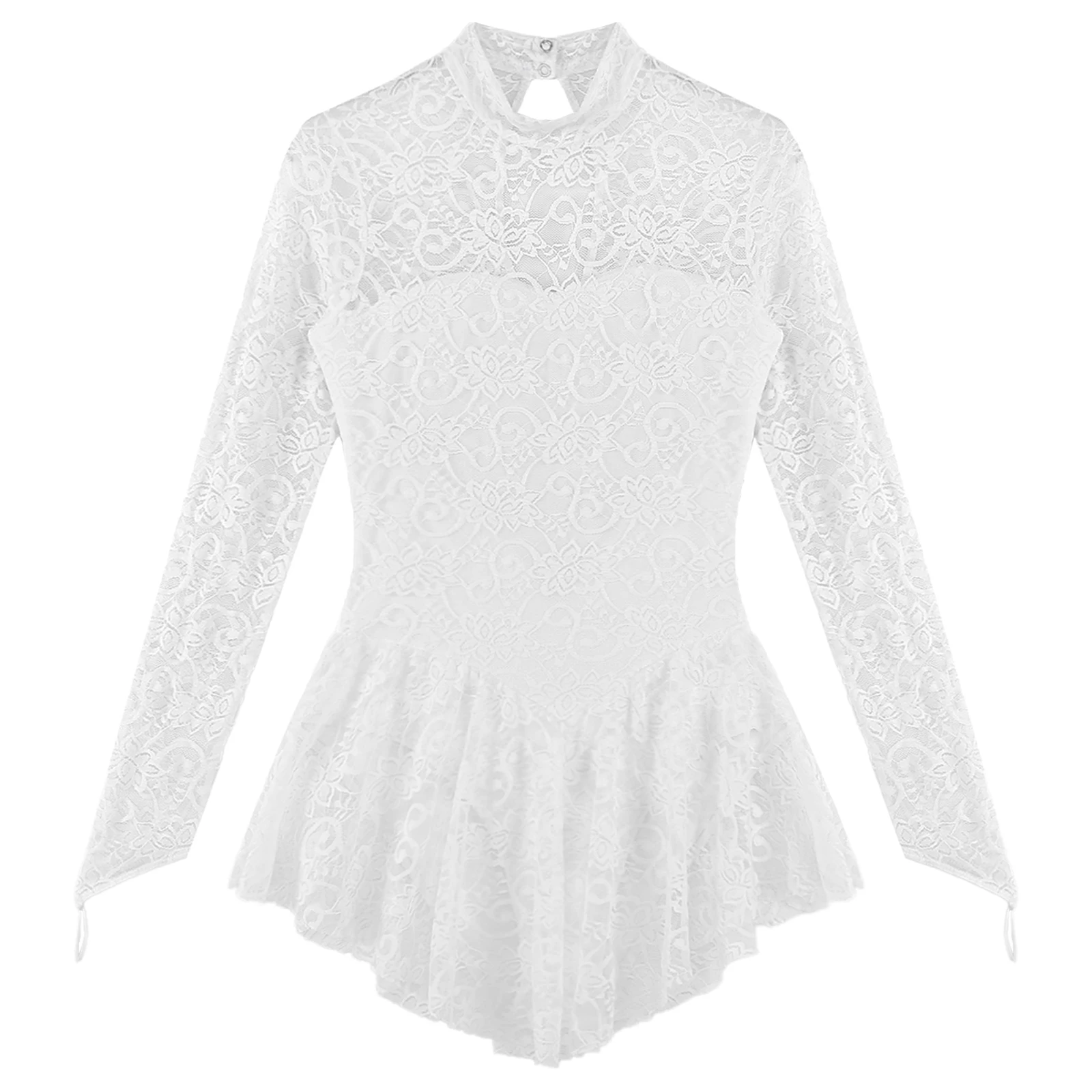 Womens Adult Long Sleeve Lace Gymnastics Tight Jumpsuit Mock Neck Figure Ice Skating Roller Skating Ballet Dance Leotard Dress