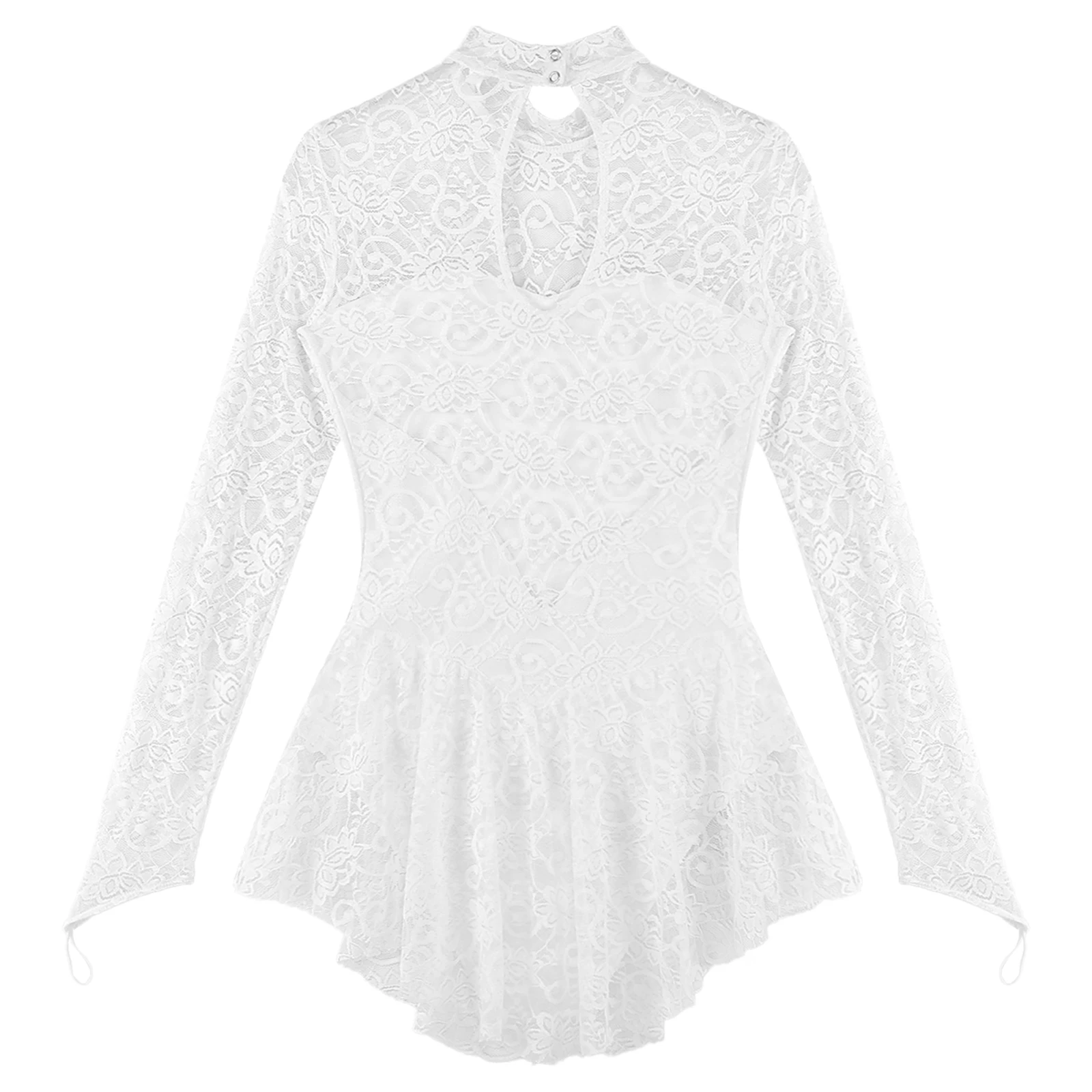 Womens Adult Long Sleeve Lace Gymnastics Tight Jumpsuit Mock Neck Figure Ice Skating Roller Skating Ballet Dance Leotard Dress