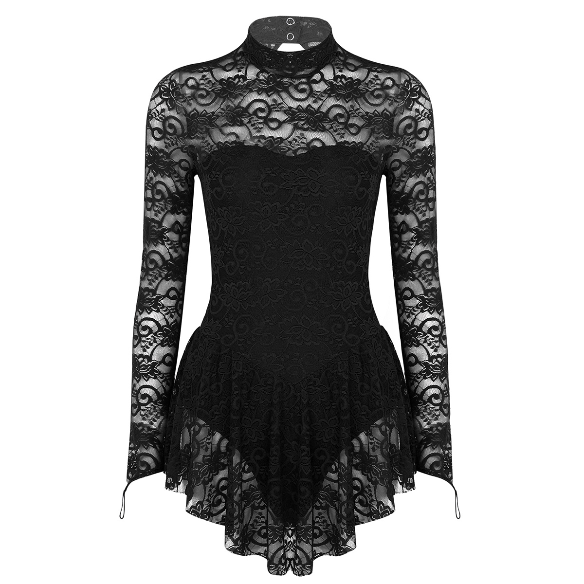 Womens Adult Long Sleeve Lace Gymnastics Tight Jumpsuit Mock Neck Figure Ice Skating Roller Skating Ballet Dance Leotard Dress