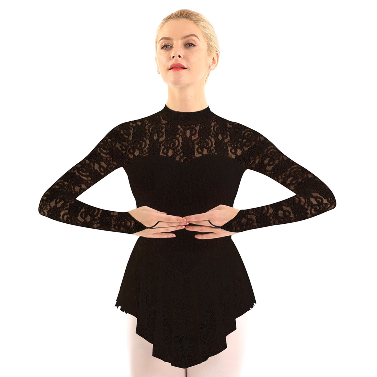 Womens Adult Long Sleeve Lace Gymnastics Tight Jumpsuit Mock Neck Figure Ice Skating Roller Skating Ballet Dance Leotard Dress