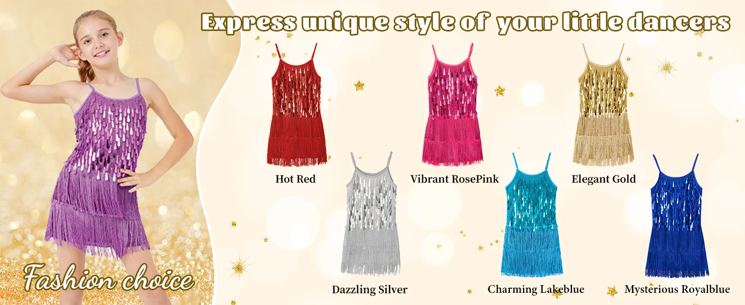 LOlanta 2Pcs Girls Sequin Latin Dance Dress Tassel Salsa Dancewear Sequin Fringe Dress Performance Outfits