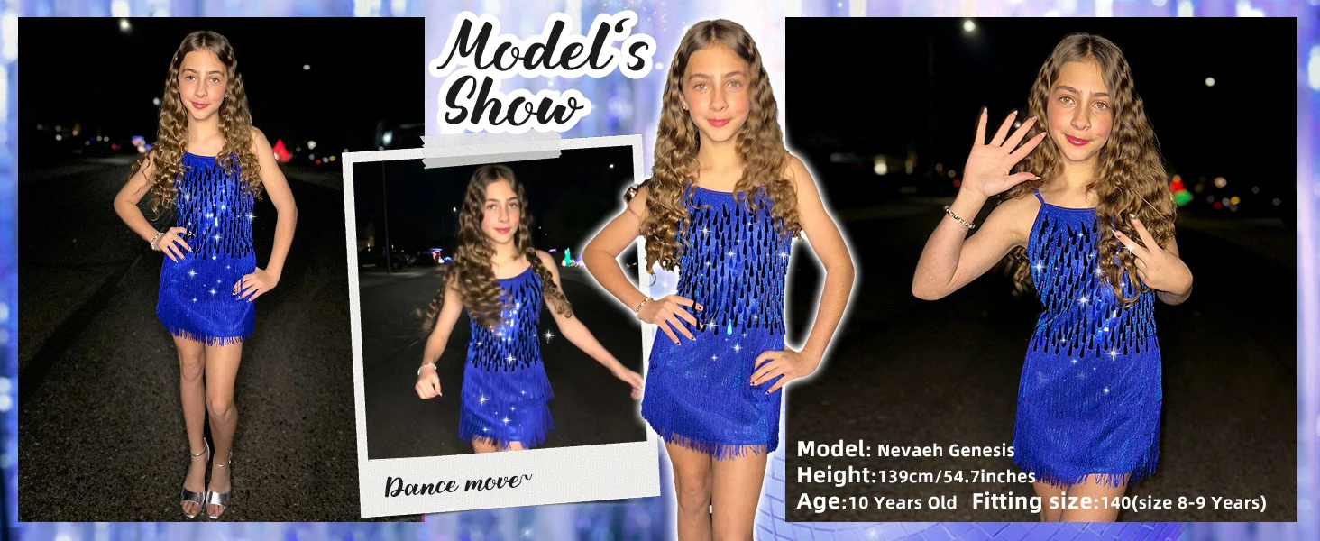LOlanta 2Pcs Girls Sequin Latin Dance Dress Tassel Salsa Dancewear Sequin Fringe Dress Performance Outfits