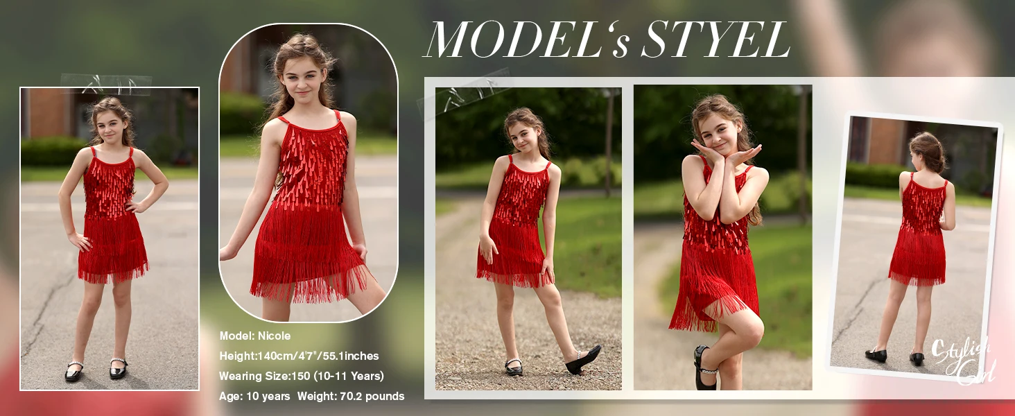 LOlanta 2Pcs Girls Sequin Latin Dance Dress Tassel Salsa Dancewear Sequin Fringe Dress Performance Outfits