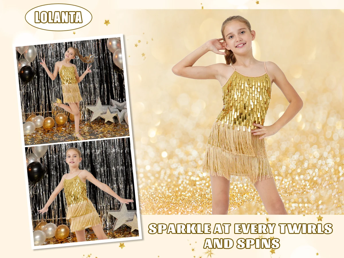 LOlanta 2Pcs Girls Sequin Latin Dance Dress Tassel Salsa Dancewear Sequin Fringe Dress Performance Outfits