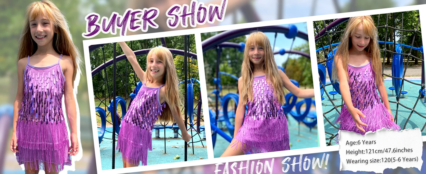 LOlanta 2Pcs Girls Sequin Latin Dance Dress Tassel Salsa Dancewear Sequin Fringe Dress Performance Outfits