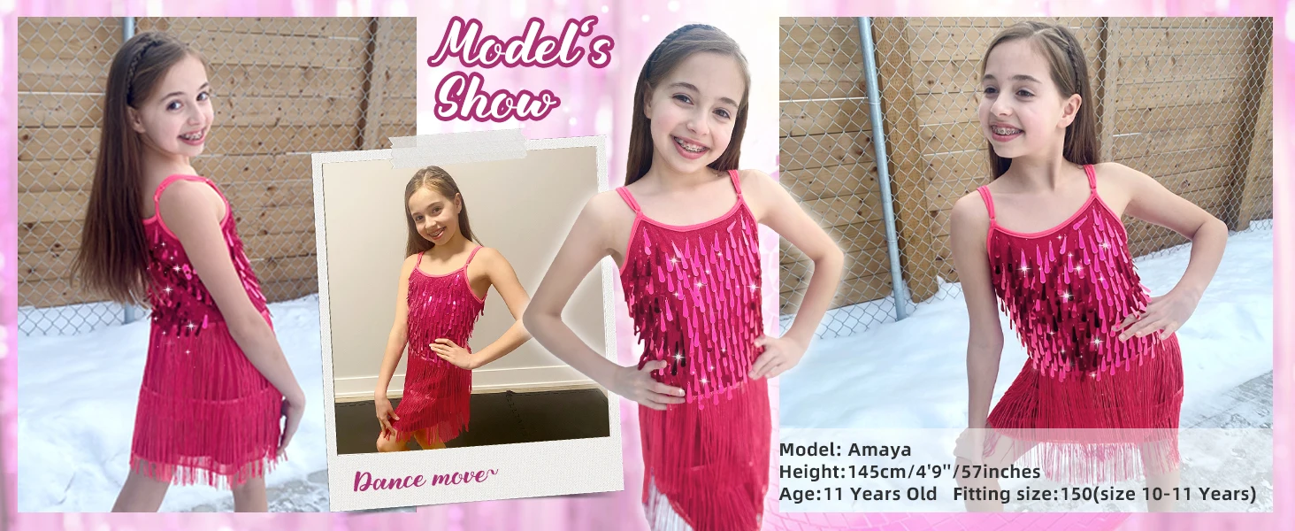 LOlanta 2Pcs Girls Sequin Latin Dance Dress Tassel Salsa Dancewear Sequin Fringe Dress Performance Outfits