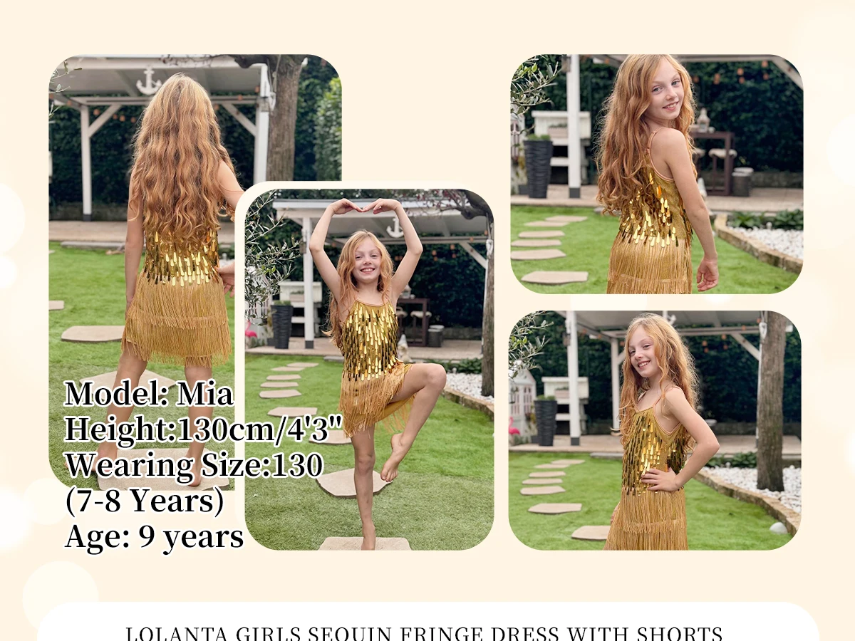 LOlanta 2Pcs Girls Sequin Latin Dance Dress Tassel Salsa Dancewear Sequin Fringe Dress Performance Outfits