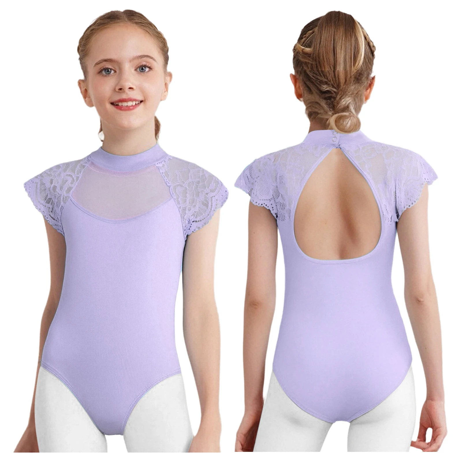 Kids Girls Lace Cap Sleeves Gymnastics Ballet Dance Leotard Sheer Mesh Cutout Bodysuit Ballet Practice Examination Dancewear