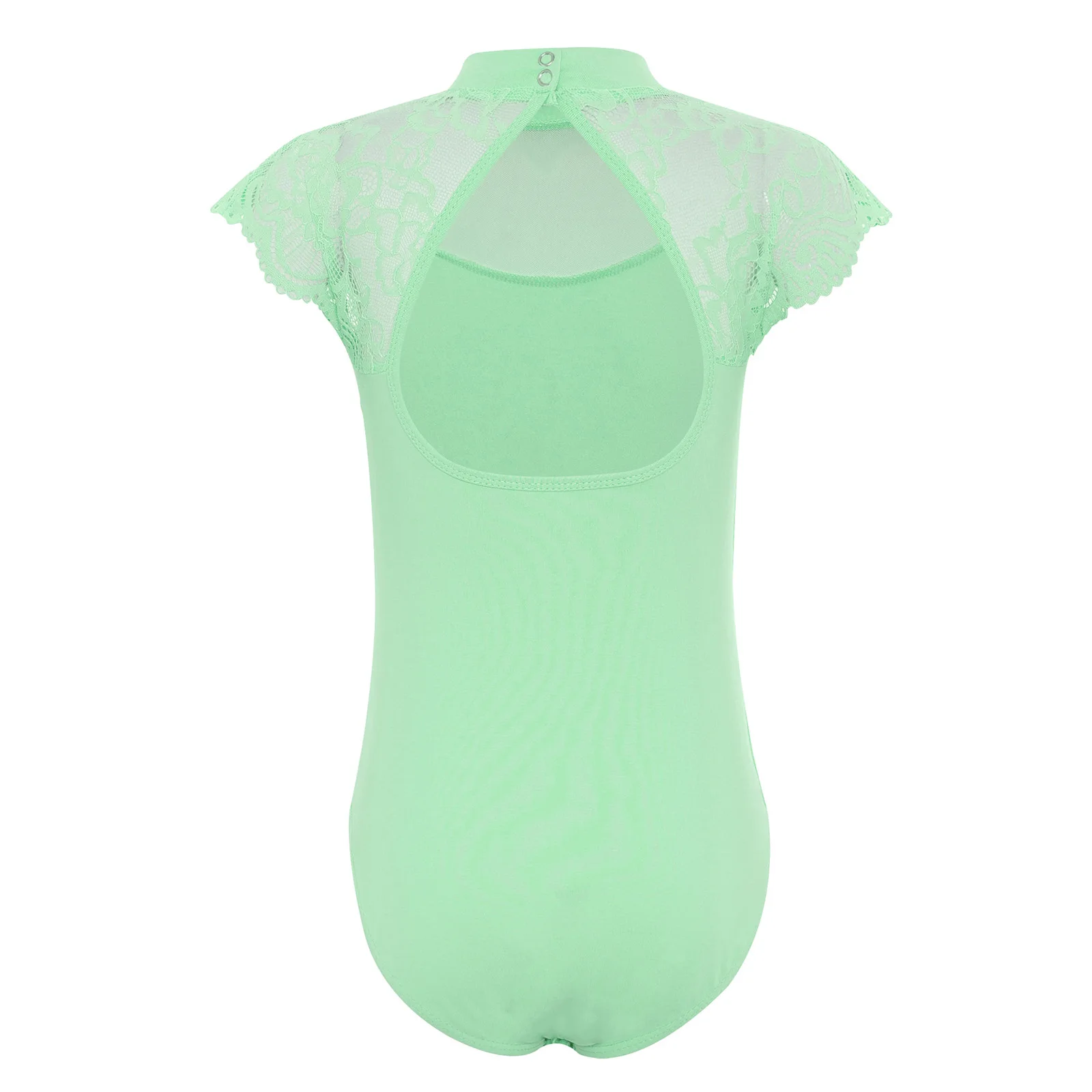 Kids Girls Lace Cap Sleeves Gymnastics Ballet Dance Leotard Sheer Mesh Cutout Bodysuit Ballet Practice Examination Dancewear