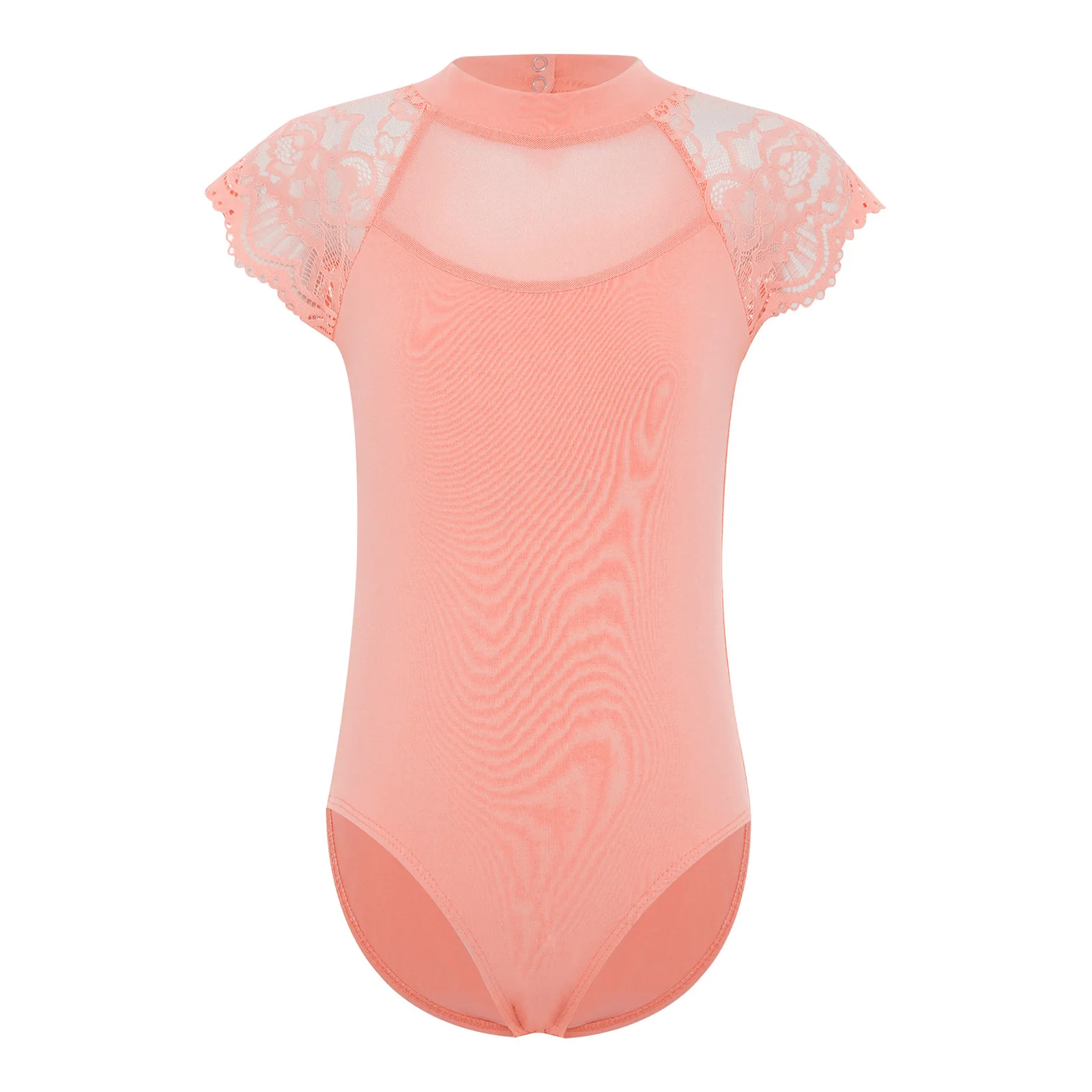 Kids Girls Lace Cap Sleeves Gymnastics Ballet Dance Leotard Sheer Mesh Cutout Bodysuit Ballet Practice Examination Dancewear