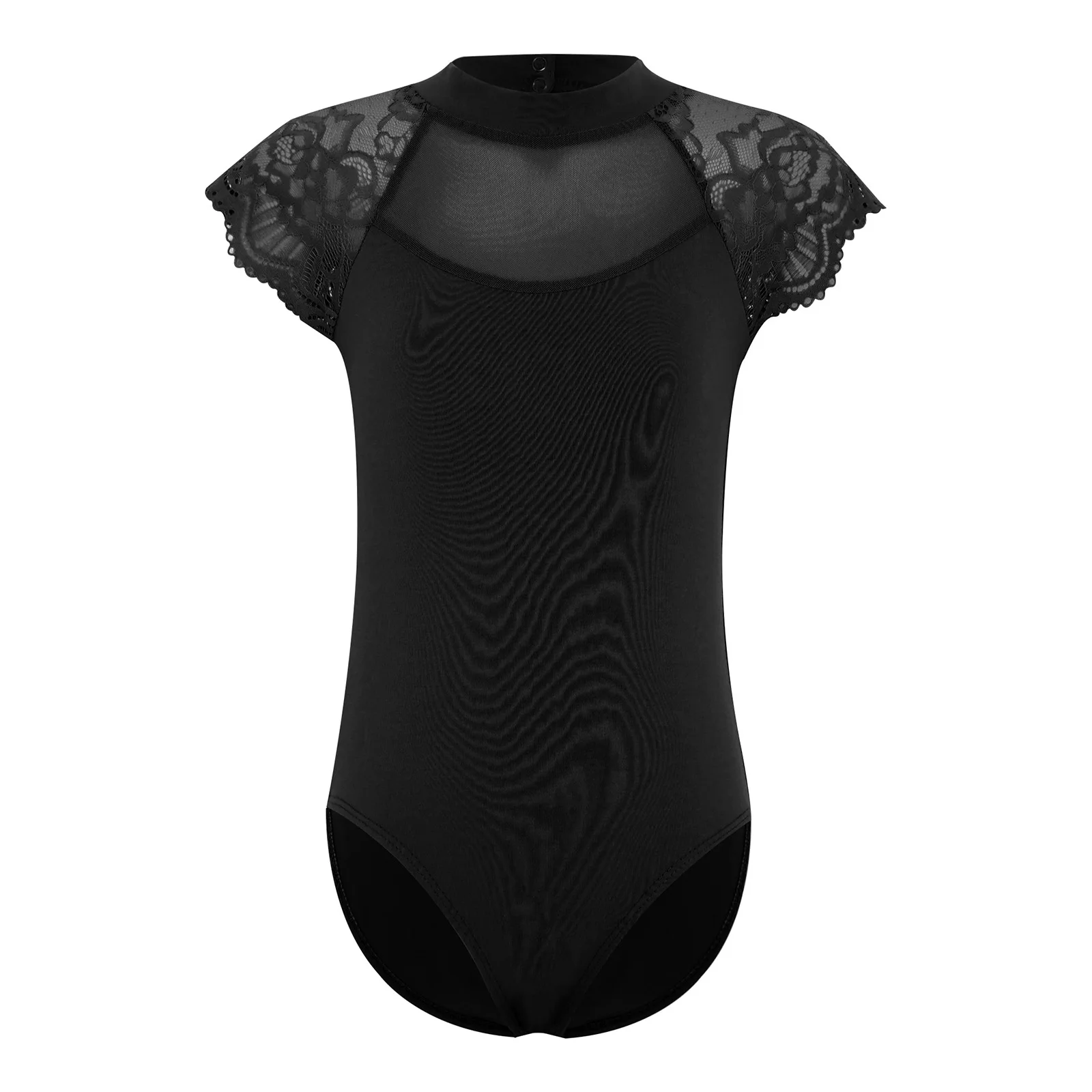 Kids Girls Lace Cap Sleeves Gymnastics Ballet Dance Leotard Sheer Mesh Cutout Bodysuit Ballet Practice Examination Dancewear