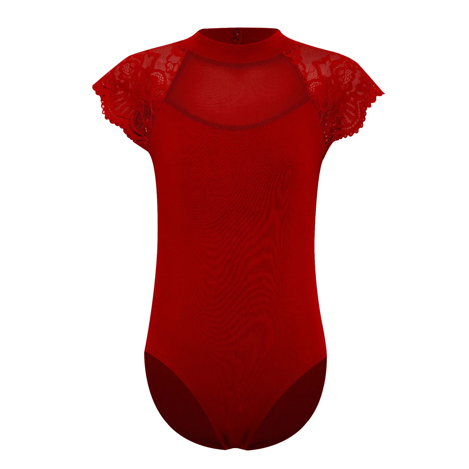 Kids Girls Lace Cap Sleeves Gymnastics Ballet Dance Leotard Sheer Mesh Cutout Bodysuit Ballet Practice Examination Dancewear