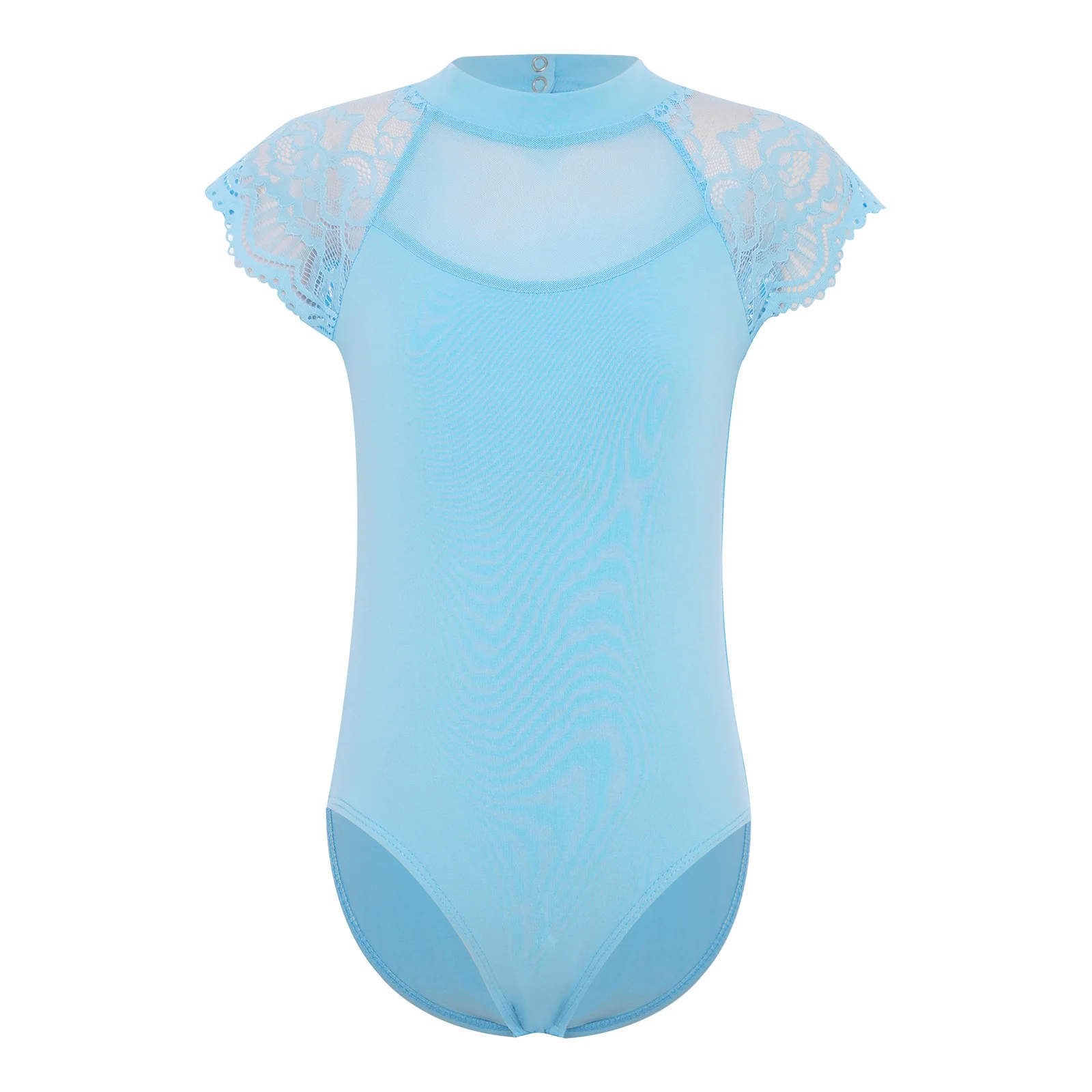 Kids Girls Lace Cap Sleeves Gymnastics Ballet Dance Leotard Sheer Mesh Cutout Bodysuit Ballet Practice Examination Dancewear