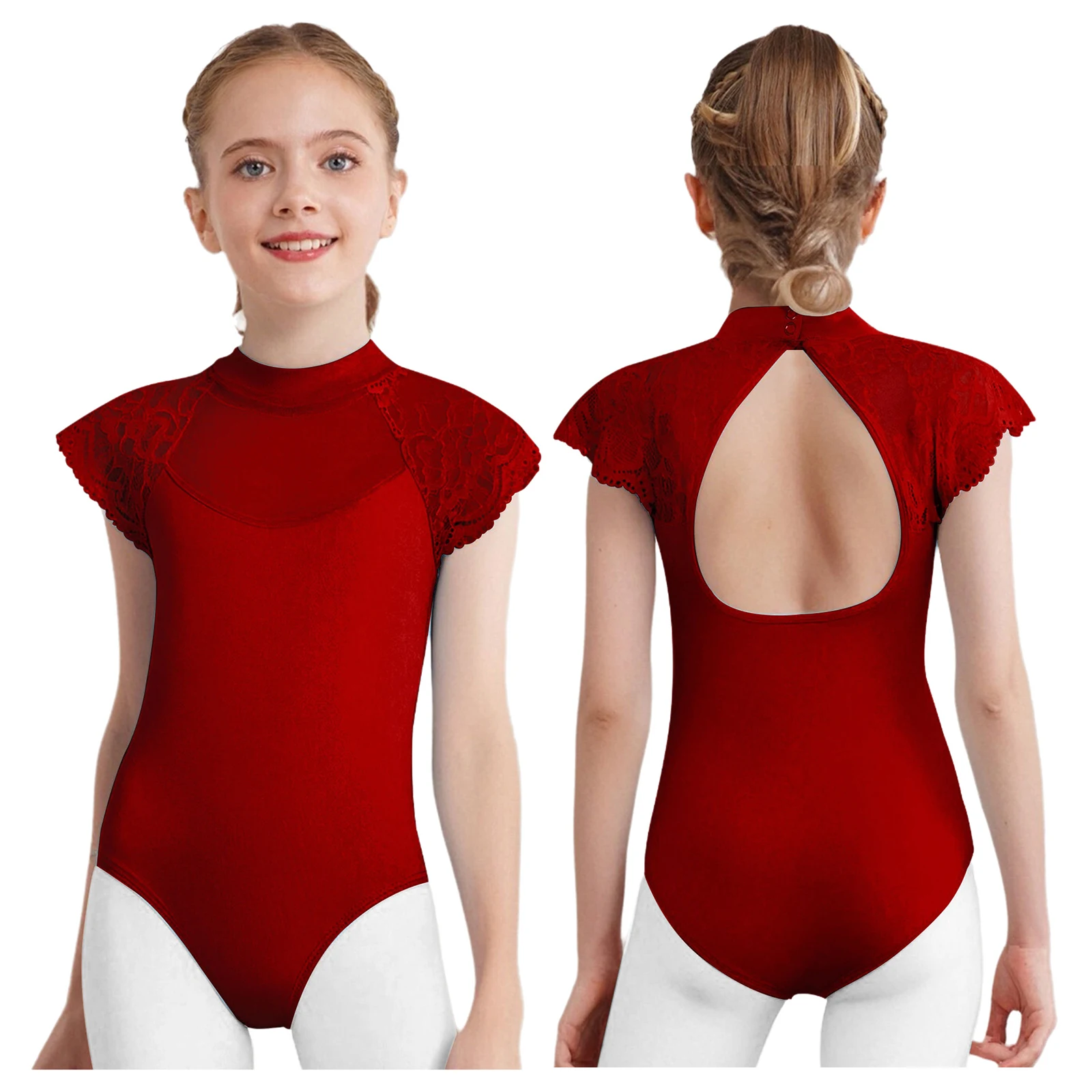 Kids Girls Lace Cap Sleeves Gymnastics Ballet Dance Leotard Sheer Mesh Cutout Bodysuit Ballet Practice Examination Dancewear