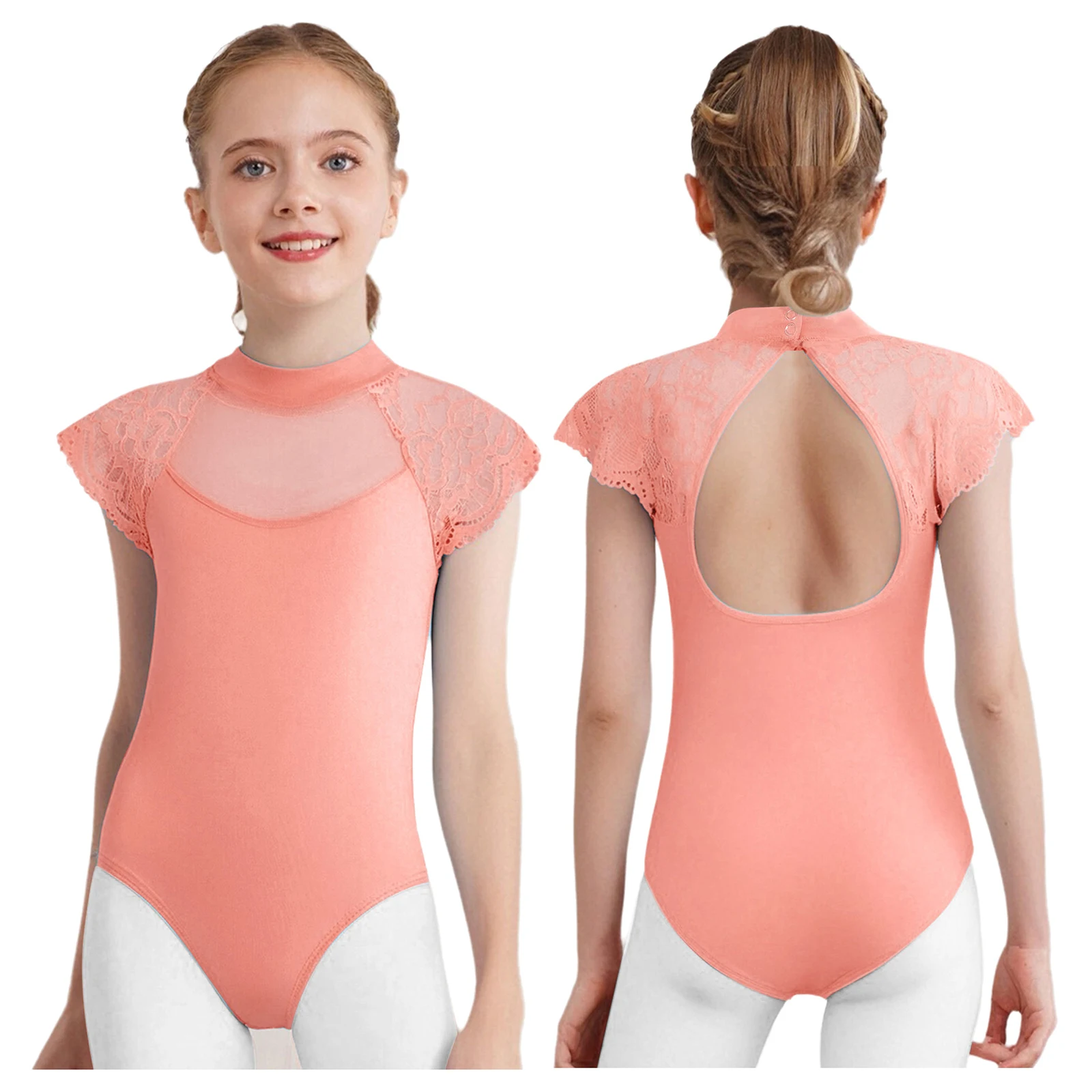 Kids Girls Lace Cap Sleeves Gymnastics Ballet Dance Leotard Sheer Mesh Cutout Bodysuit Ballet Practice Examination Dancewear