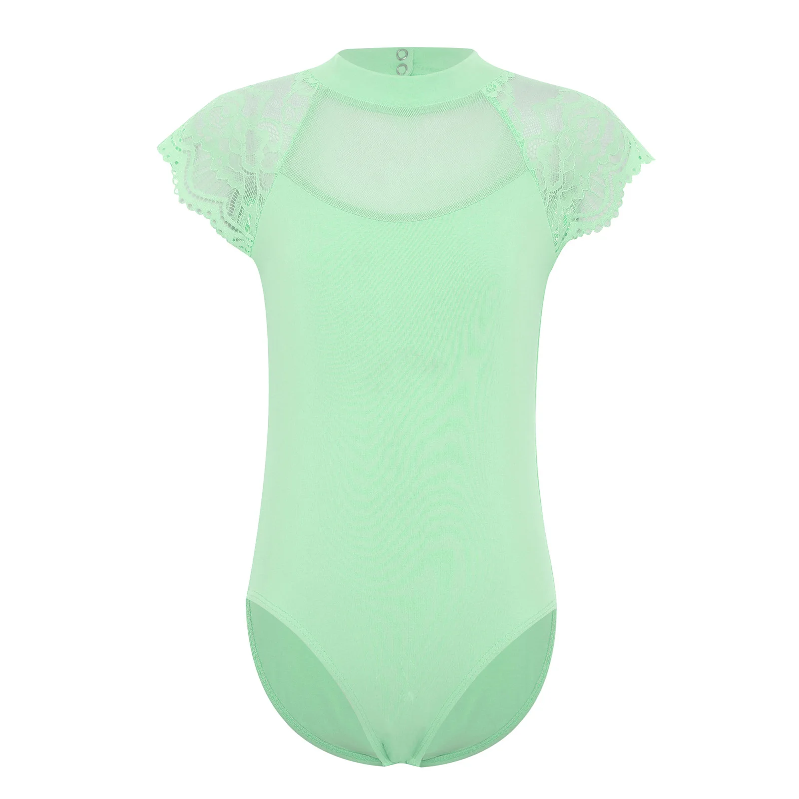 Kids Girls Lace Cap Sleeves Gymnastics Ballet Dance Leotard Sheer Mesh Cutout Bodysuit Ballet Practice Examination Dancewear
