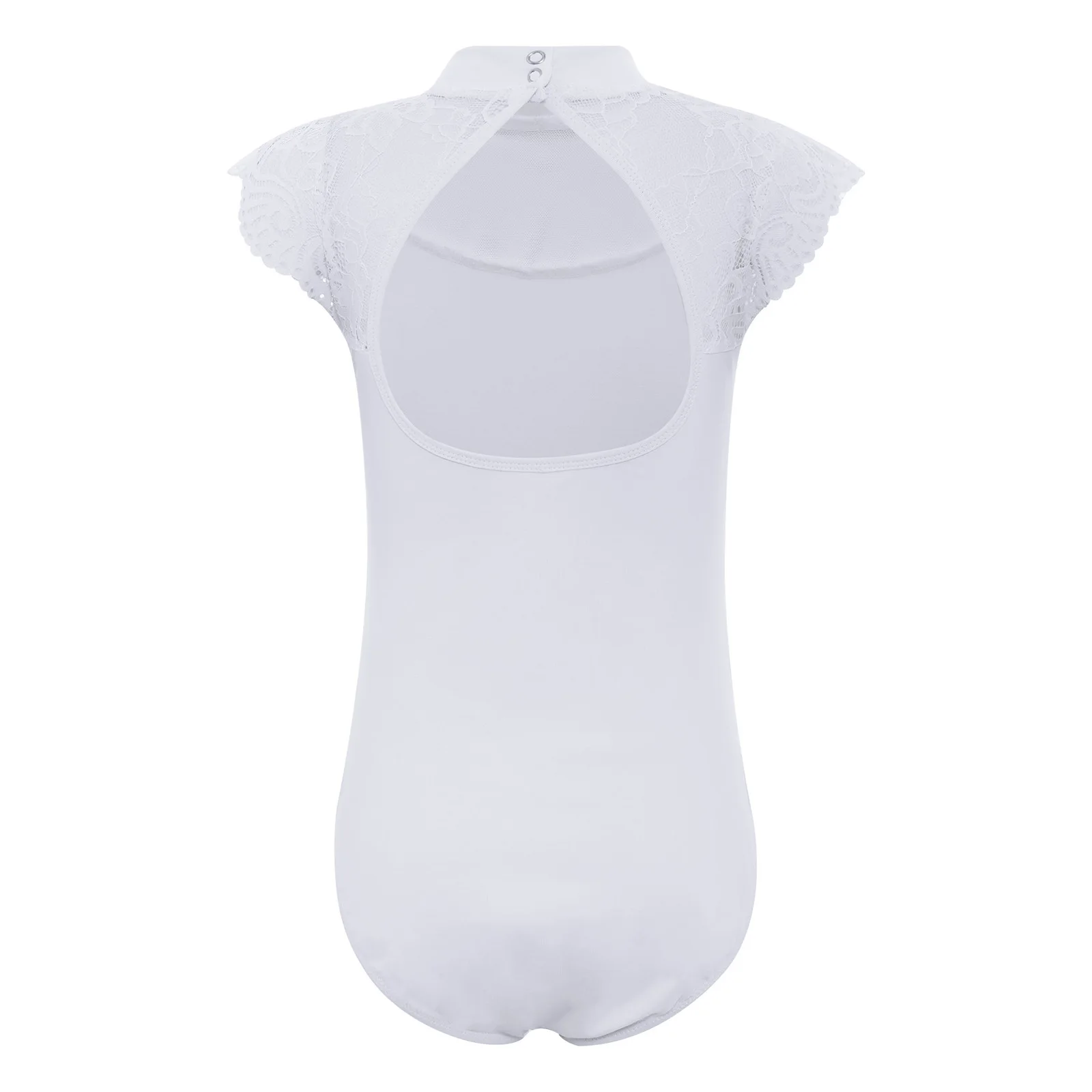 Kids Girls Lace Cap Sleeves Gymnastics Ballet Dance Leotard Sheer Mesh Cutout Bodysuit Ballet Practice Examination Dancewear
