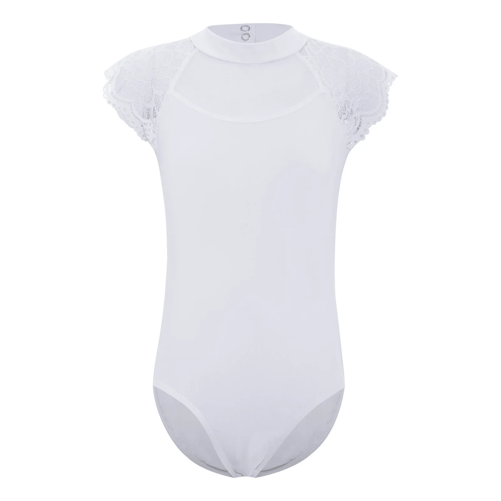 Kids Girls Lace Cap Sleeves Gymnastics Ballet Dance Leotard Sheer Mesh Cutout Bodysuit Ballet Practice Examination Dancewear