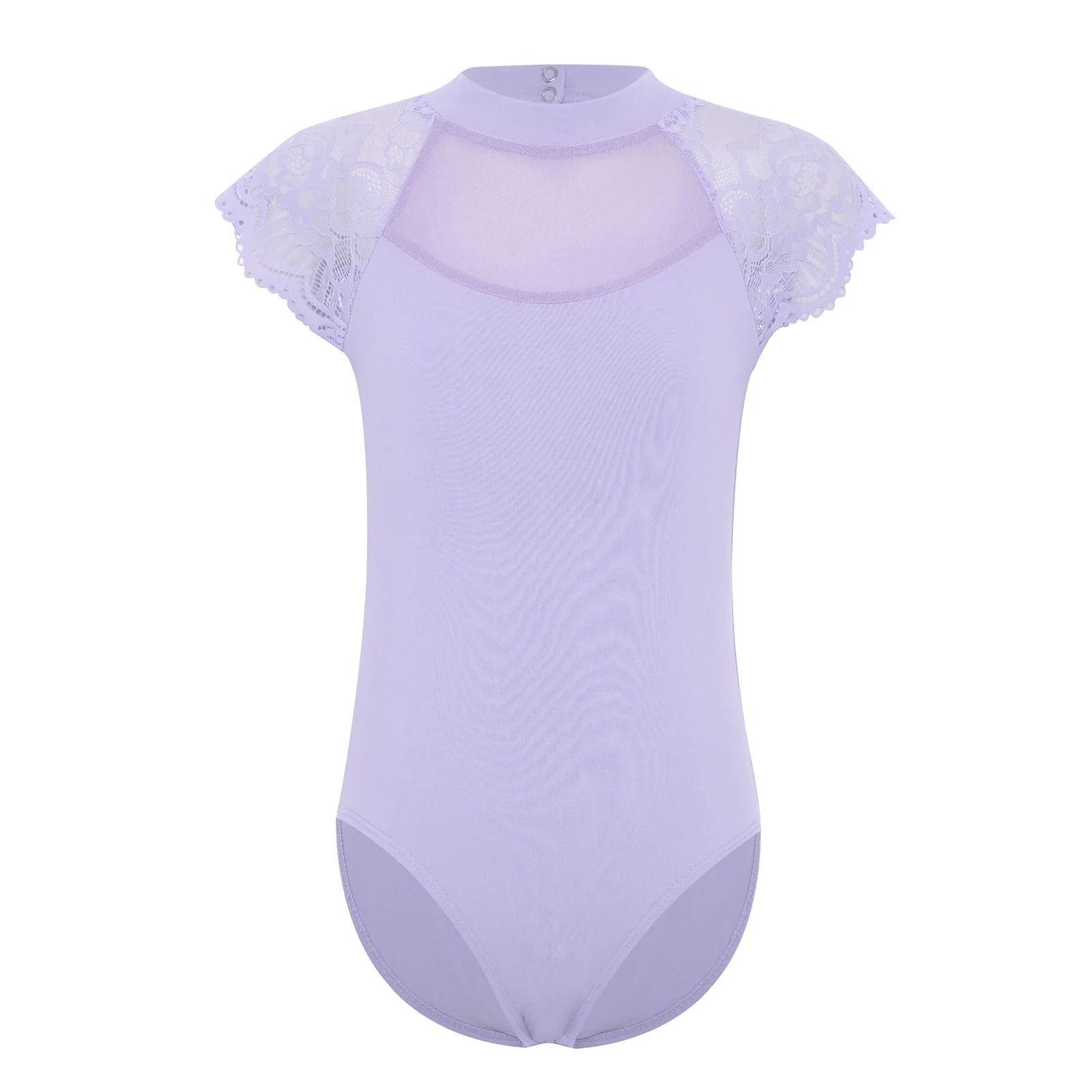 Kids Girls Lace Cap Sleeves Gymnastics Ballet Dance Leotard Sheer Mesh Cutout Bodysuit Ballet Practice Examination Dancewear