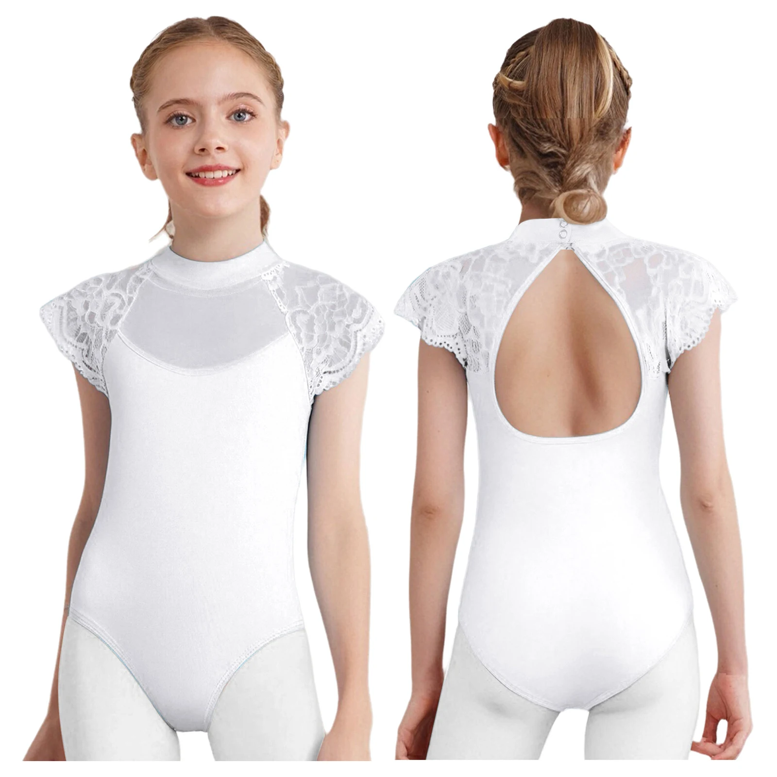 Kids Girls Lace Cap Sleeves Gymnastics Ballet Dance Leotard Sheer Mesh Cutout Bodysuit Ballet Practice Examination Dancewear