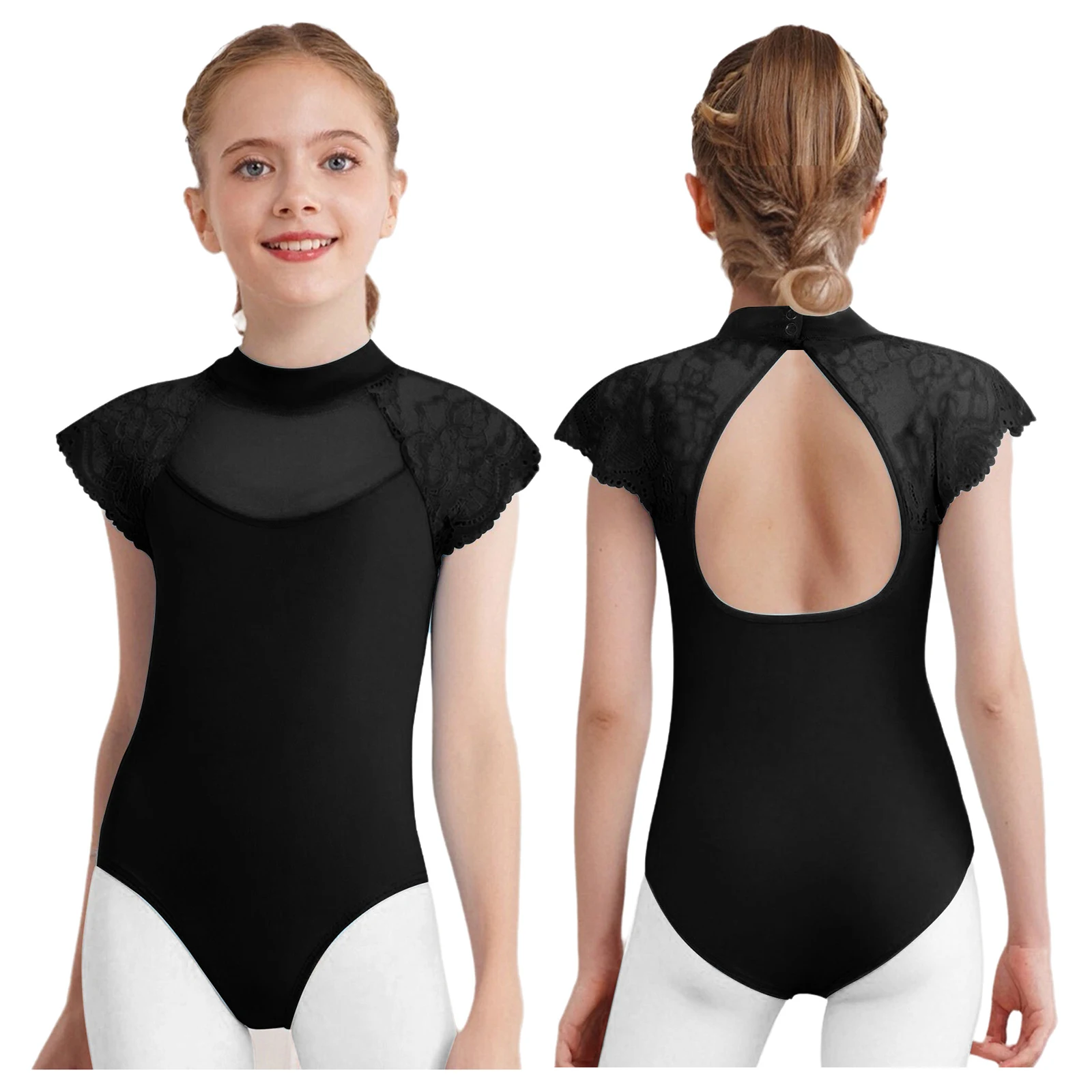 Kids Girls Lace Cap Sleeves Gymnastics Ballet Dance Leotard Sheer Mesh Cutout Bodysuit Ballet Practice Examination Dancewear