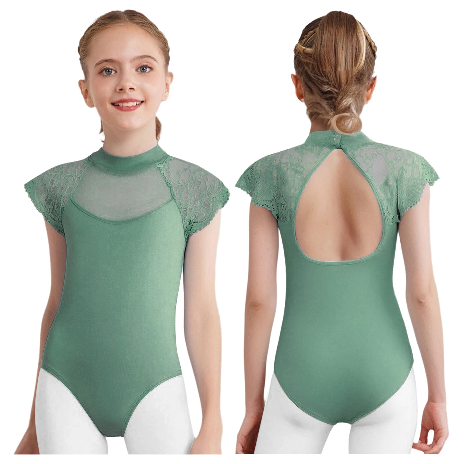 Kids Girls Lace Cap Sleeves Gymnastics Ballet Dance Leotard Sheer Mesh Cutout Bodysuit Ballet Practice Examination Dancewear