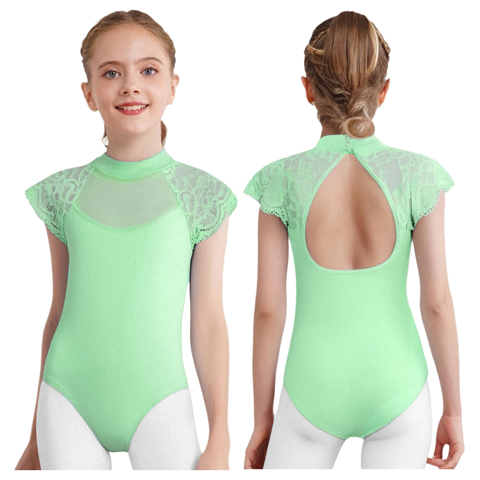 Kids Girls Lace Cap Sleeves Gymnastics Ballet Dance Leotard Sheer Mesh Cutout Bodysuit Ballet Practice Examination Dancewear