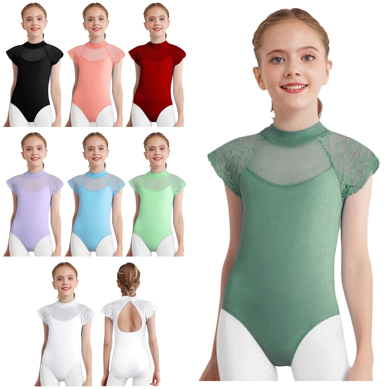 Kids Girls Lace Cap Sleeves Gymnastics Ballet Dance Leotard Sheer Mesh Cutout Bodysuit Ballet Practice Examination Dancewear