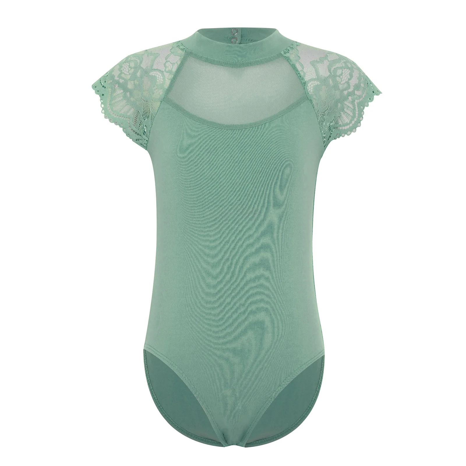 Kids Girls Lace Cap Sleeves Gymnastics Ballet Dance Leotard Sheer Mesh Cutout Bodysuit Ballet Practice Examination Dancewear