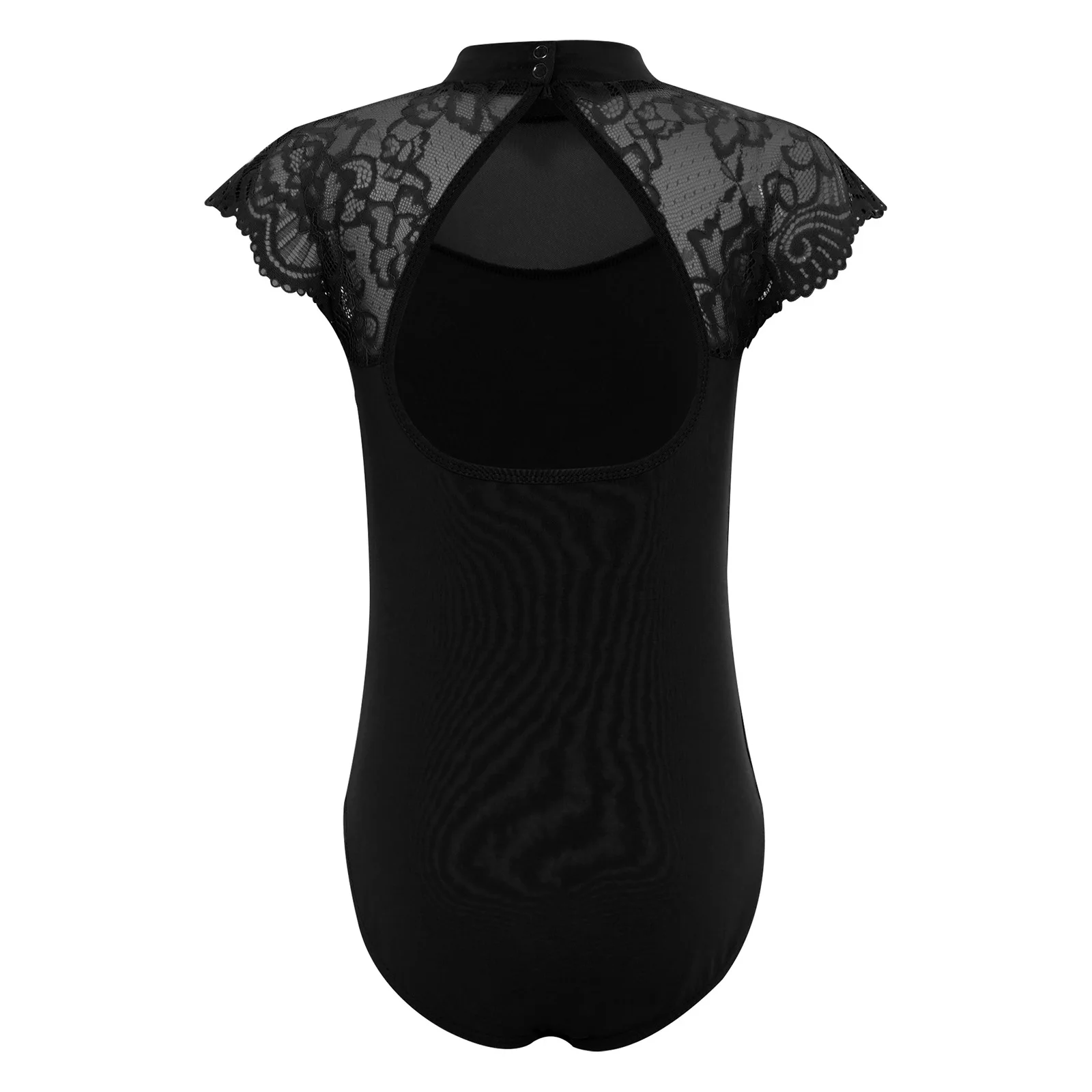 Kids Girls Lace Cap Sleeves Gymnastics Ballet Dance Leotard Sheer Mesh Cutout Bodysuit Ballet Practice Examination Dancewear