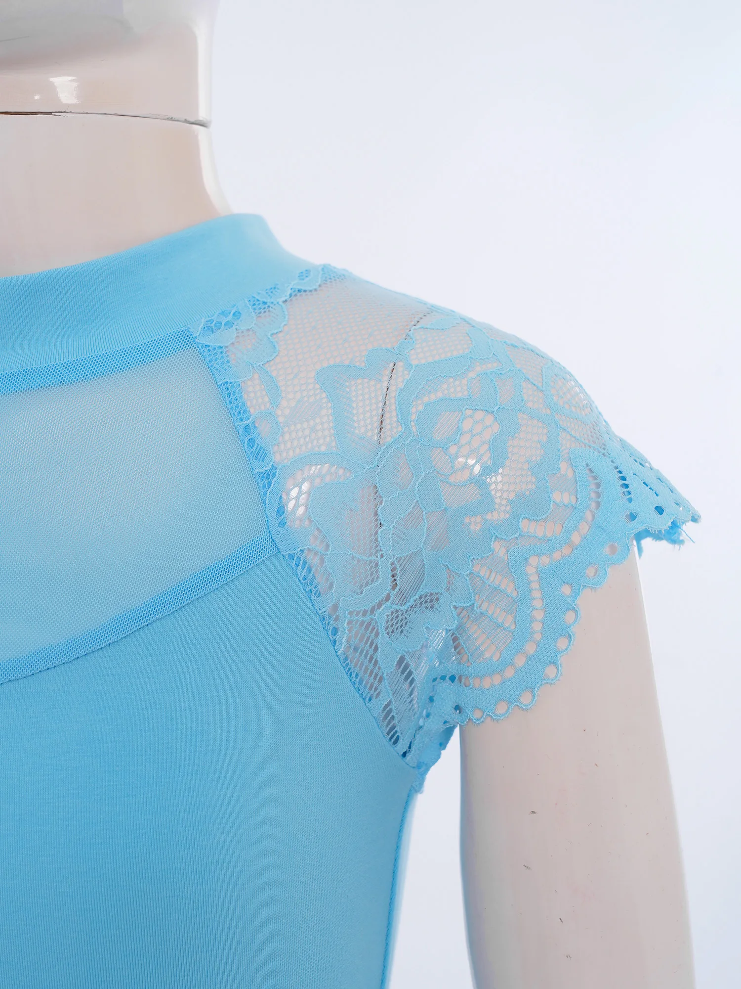 Kids Girls Lace Cap Sleeves Gymnastics Ballet Dance Leotard Sheer Mesh Cutout Bodysuit Ballet Practice Examination Dancewear