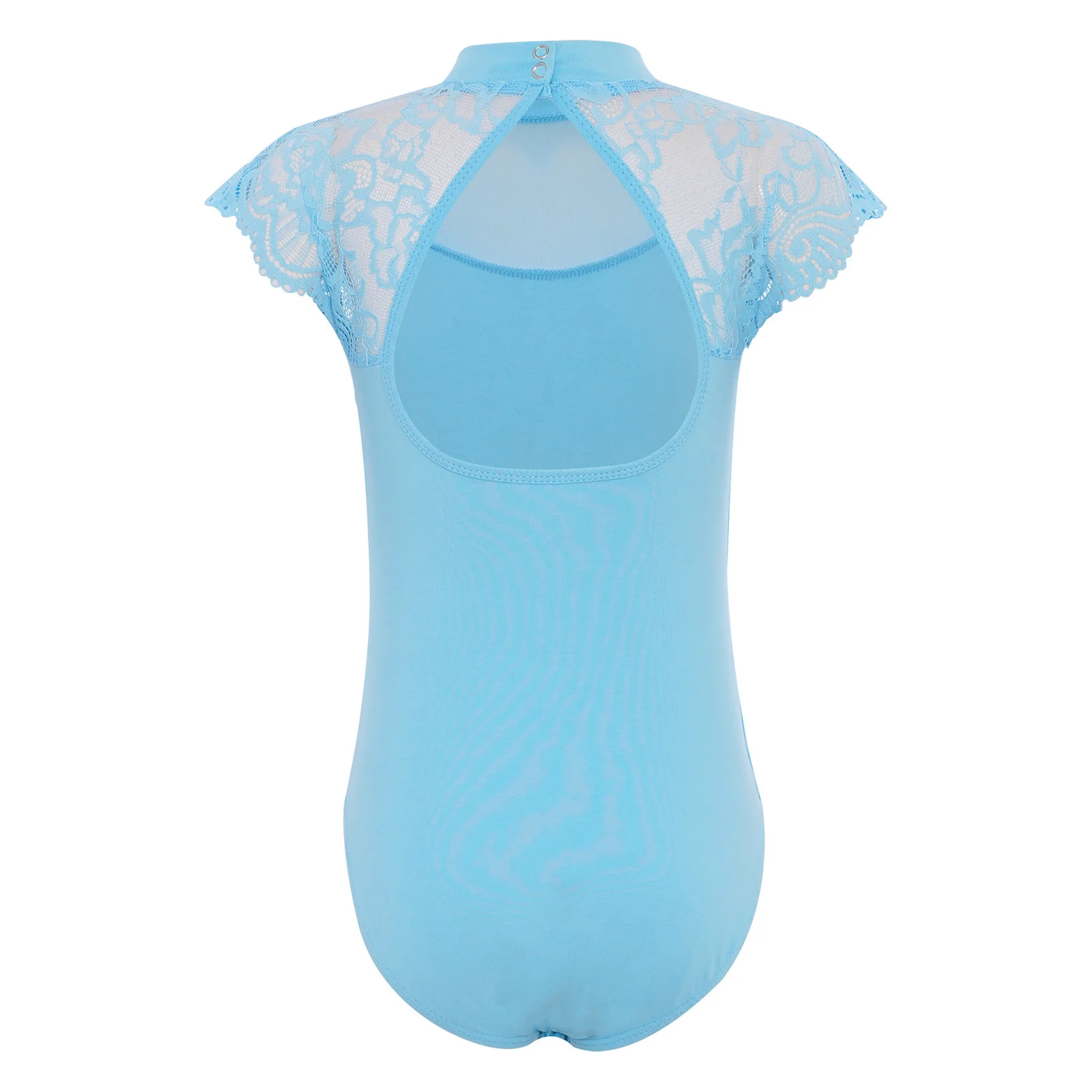 Kids Girls Lace Cap Sleeves Gymnastics Ballet Dance Leotard Sheer Mesh Cutout Bodysuit Ballet Practice Examination Dancewear