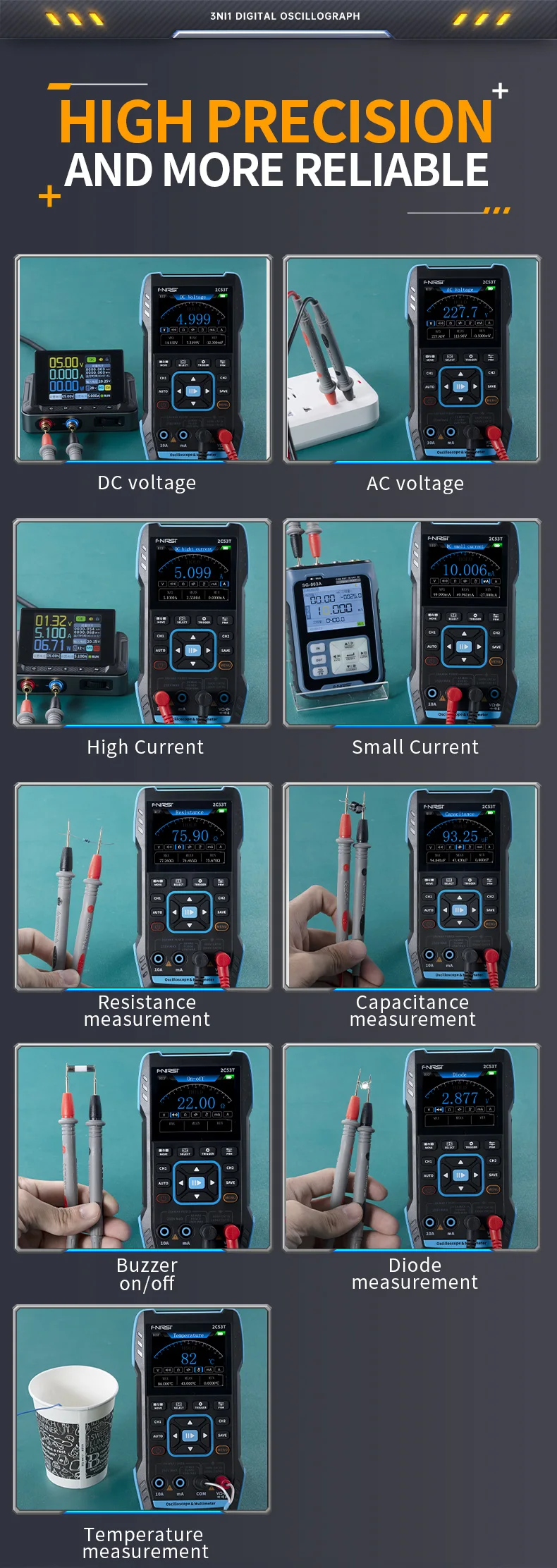FNIRSI 2C23T 2C53T Upgrade 50MHz Handheld Digital Oscilloscope Multimeter Signal Generator 3 in 1 Dual Channel Automotive Tools