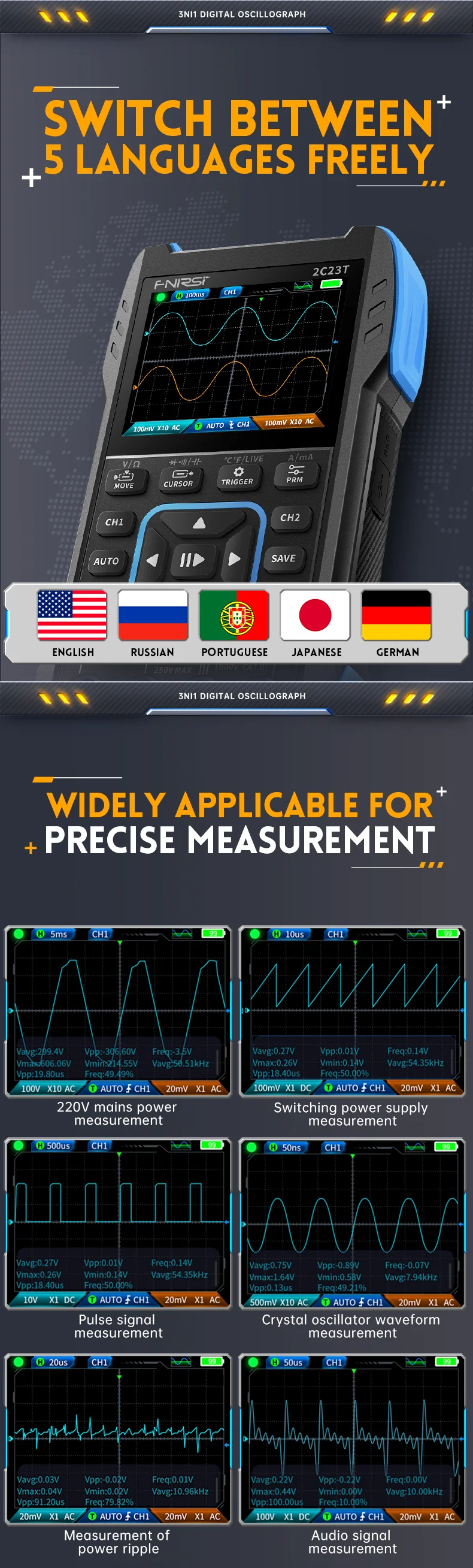 FNIRSI 2C23T 2C53T Upgrade 50MHz Handheld Digital Oscilloscope Multimeter Signal Generator 3 in 1 Dual Channel Automotive Tools