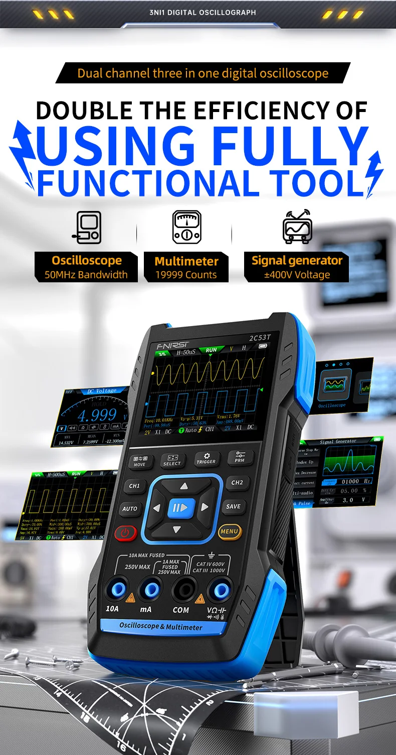 FNIRSI 2C23T 2C53T Upgrade 50MHz Handheld Digital Oscilloscope Multimeter Signal Generator 3 in 1 Dual Channel Automotive Tools
