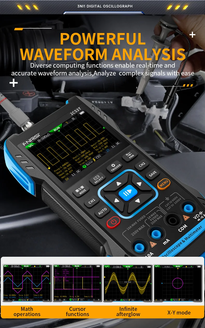 FNIRSI 2C23T 2C53T Upgrade 50MHz Handheld Digital Oscilloscope Multimeter Signal Generator 3 in 1 Dual Channel Automotive Tools