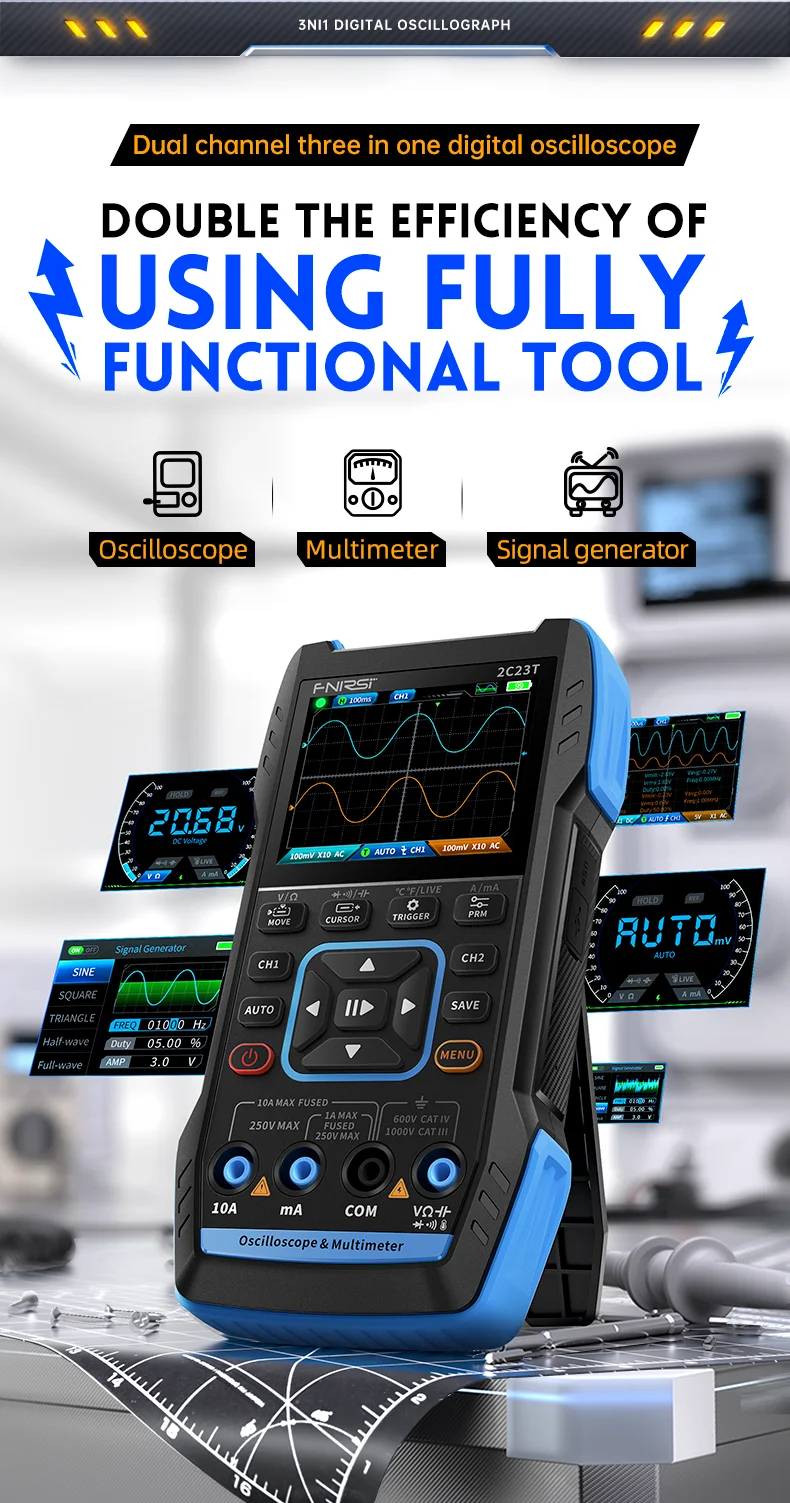 FNIRSI 2C23T 2C53T Upgrade 50MHz Handheld Digital Oscilloscope Multimeter Signal Generator 3 in 1 Dual Channel Automotive Tools