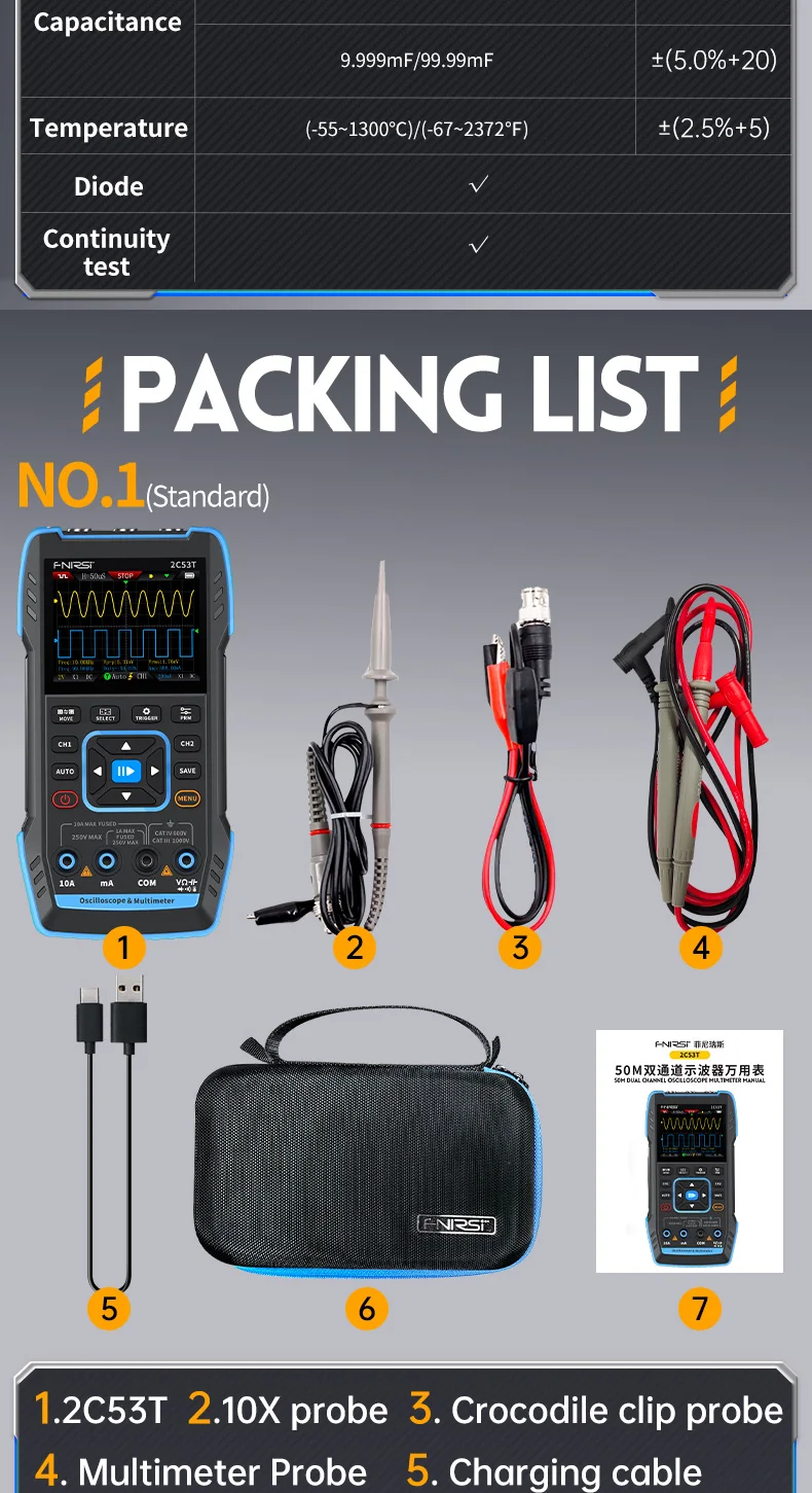 FNIRSI 2C23T 2C53T Upgrade 50MHz Handheld Digital Oscilloscope Multimeter Signal Generator 3 in 1 Dual Channel Automotive Tools
